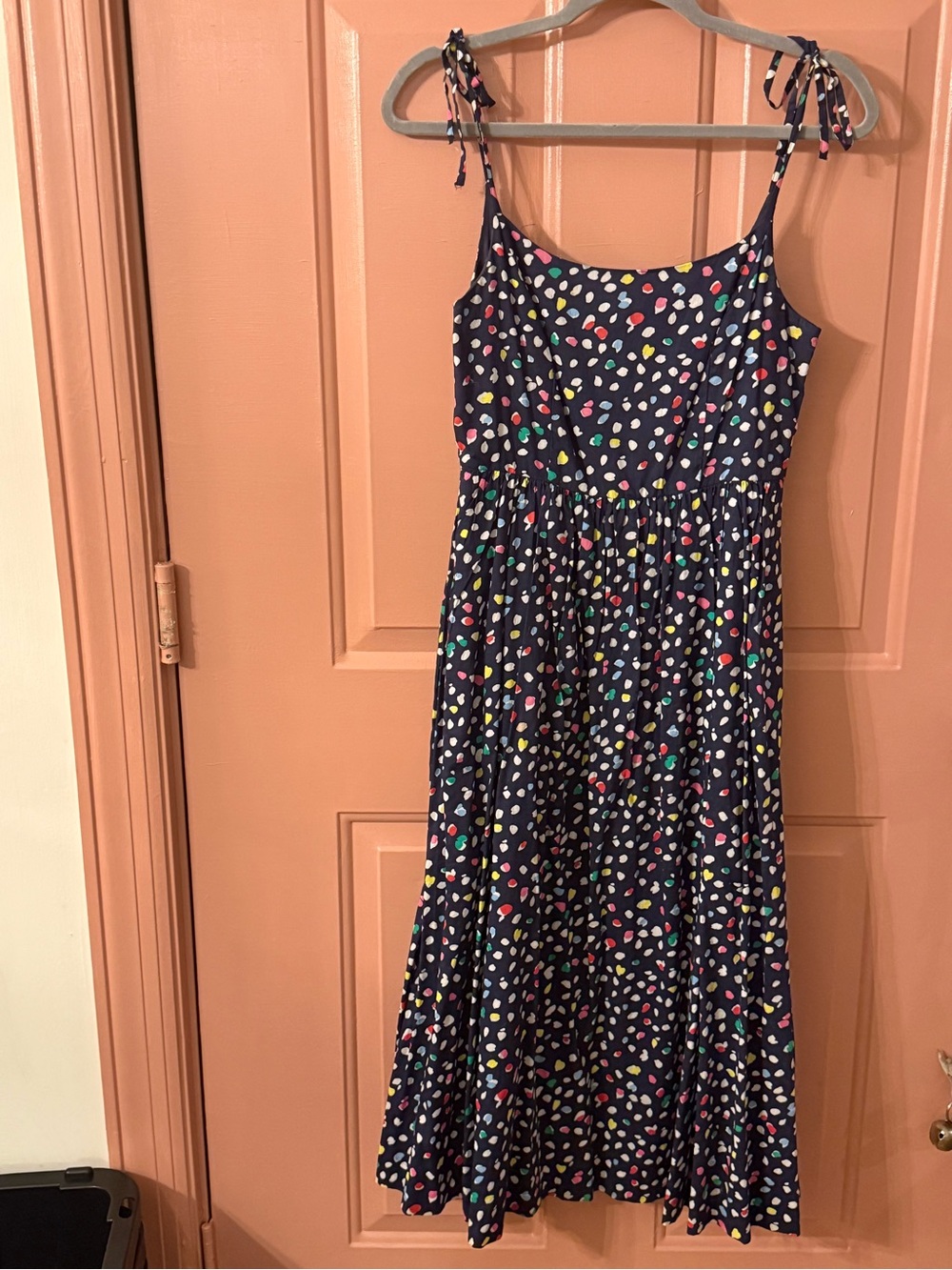 J.Crew Navy Polka Dot Tie-Shoulder Sundress